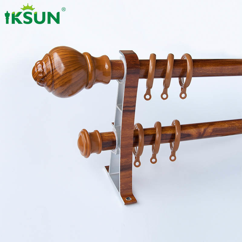 Wall Mount Brown Wood Curtain Rod , Double Window Rod Set Wear Resistant