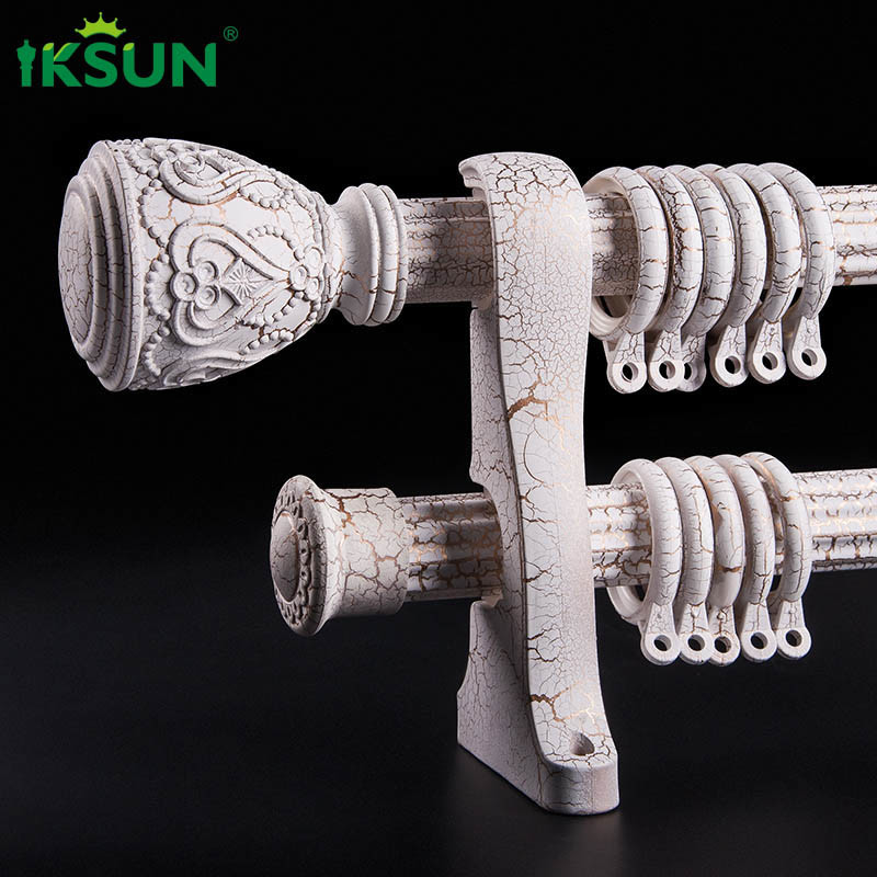 Antique Style Double Curtain Pole Set , Adjustable Double Curtain Rod White Wood Grain